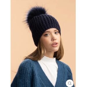 Kyi Kyi Classic Beanie Navy Faux Fur Pom Women’s Knit Hat
